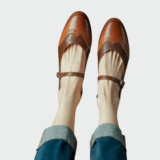Pair of women's vintage two-tone Mary Jane flats, comfortable and stylish retro shoes