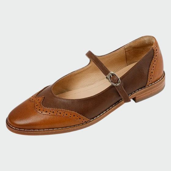 Top-down view of retro two-tone Mary Jane shoes, women's comfortable vintage flats