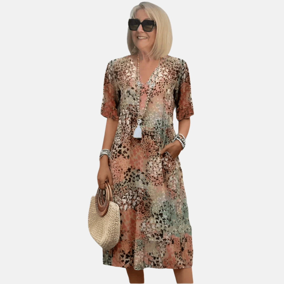 Women's vintage V-neck summer dress with vibrant 3D print, A-line style, perfect for casual wear.