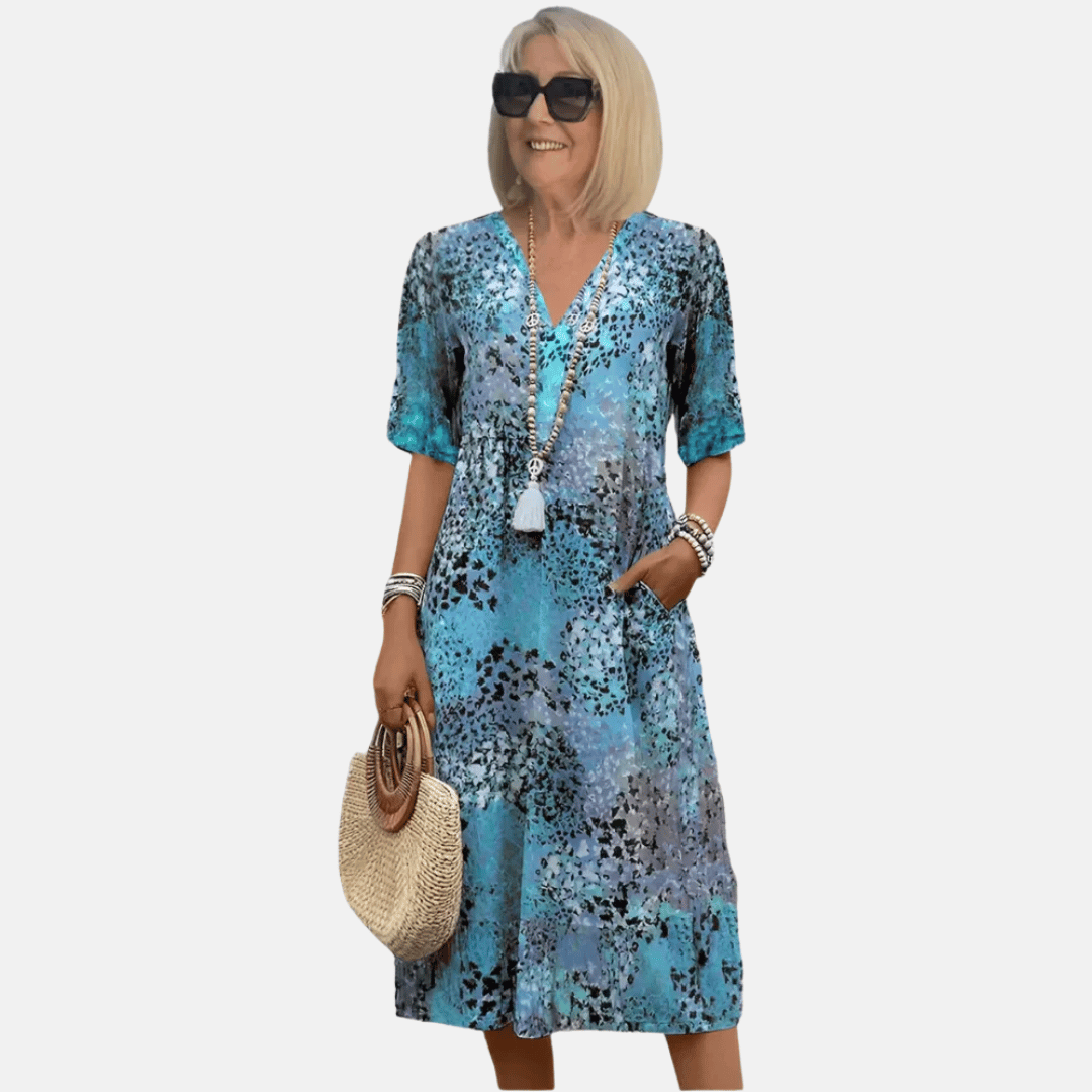 Knee-length women's summer dress featuring a V-neck and unique vintage 3D print, ideal for vacation.