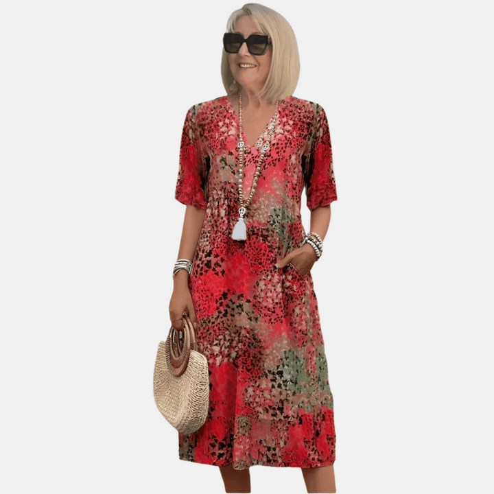 A-line women's dress for summer, vintage V-neck design with intricate 3D print, knee length.