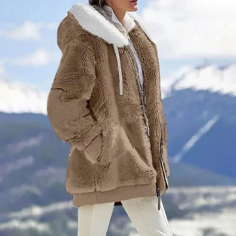 Fashionable women's outerwear: hooded winter jacket, pink, with zip and cold weather protection
