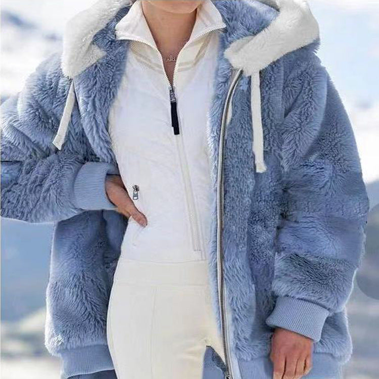 Front view of a women's zip-up hooded jacket, yellow, designed for extreme cold weather