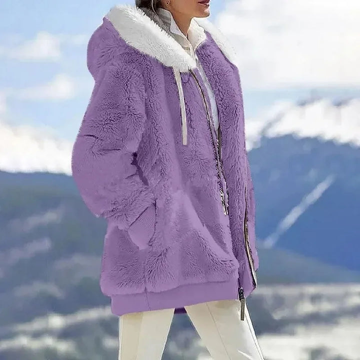 Practical women's winter jacket with hood, brown, fleece lined comfort, zip up style