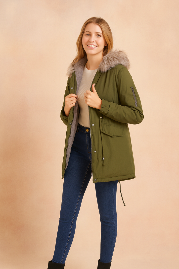 Women's warm winter parka coat with a faux fur hood, perfect for cold weather. Stylish and functional long jacket.