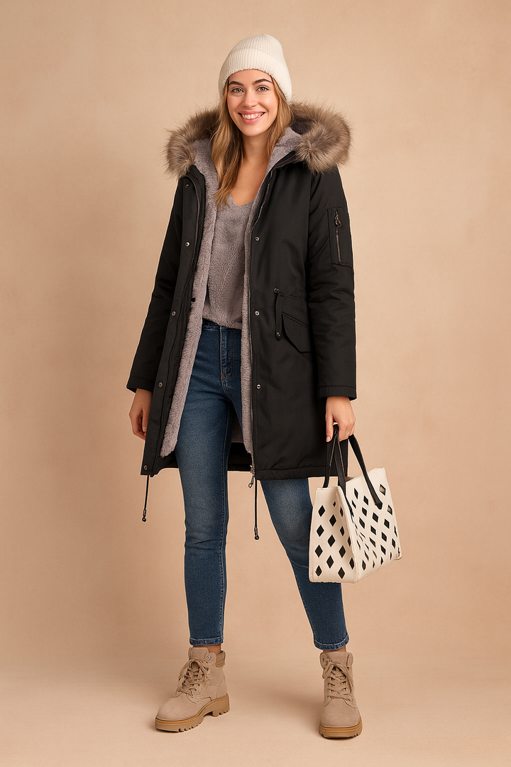 Stylish women's hooded winter parka, a warm long coat designed for ultimate cold weather protection and fashion.