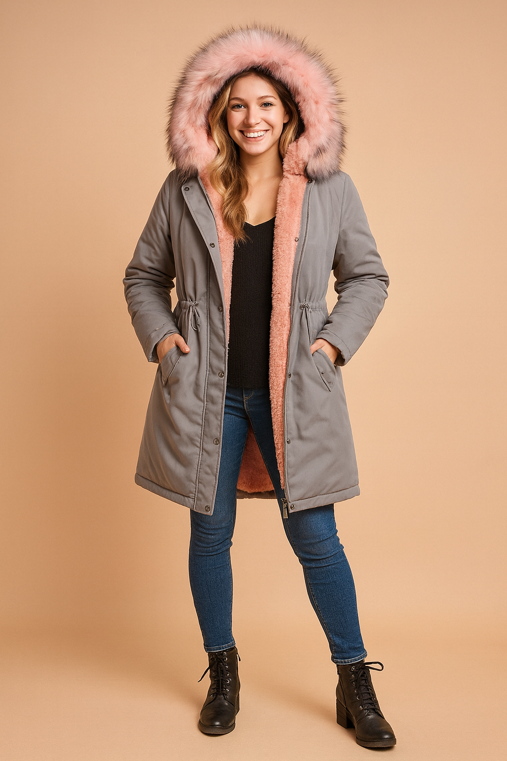 Elegant women's warm winter parka with an adjustable hood, providing cozy protection in snowy cold weather.