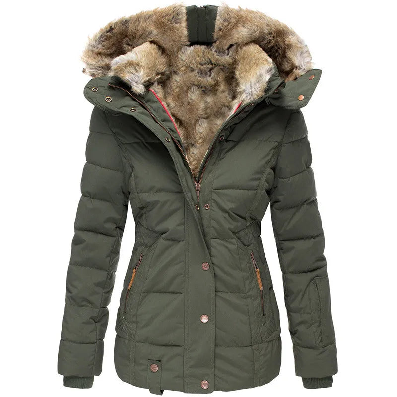 Women's warm winter parka jacket with a cozy hood and luxurious fur trim, perfect for cold weather.