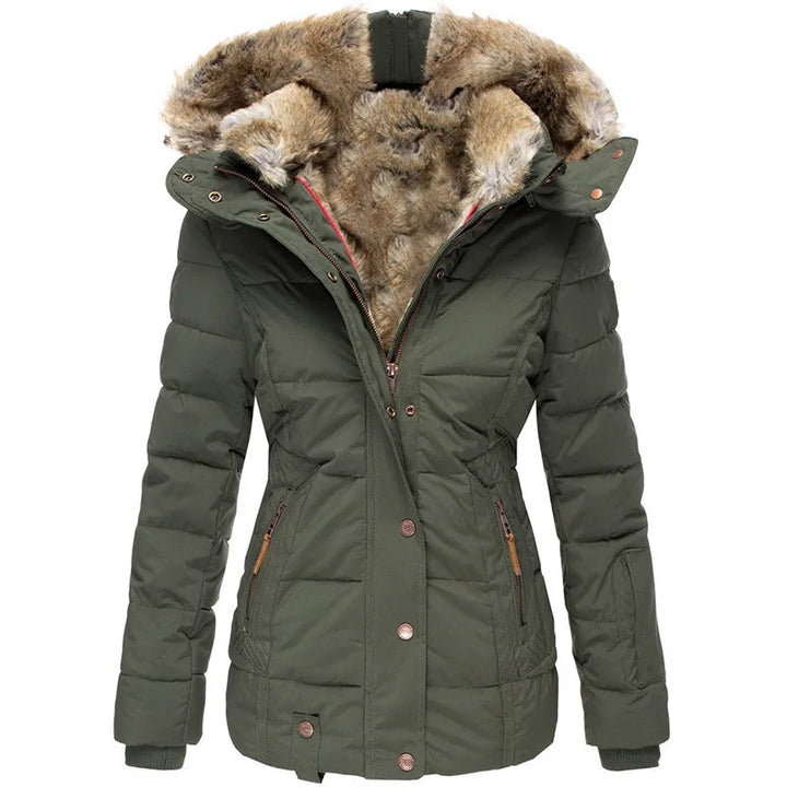 Women's warm winter parka jacket with a cozy hood and luxurious fur trim, perfect for cold weather.