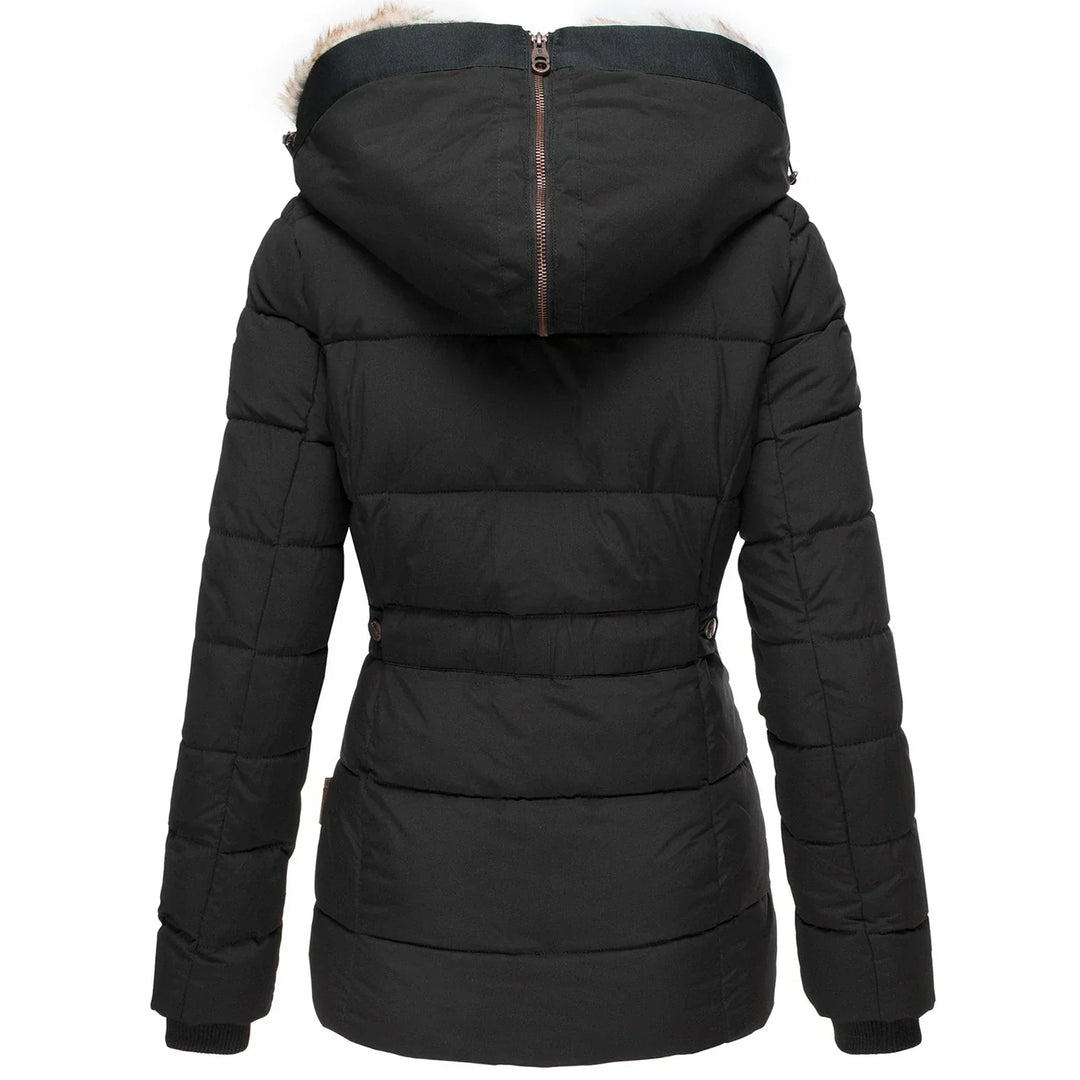 Stylish women's winter parka, super warm and cozy, featuring a protective hood & elegant fur trim.