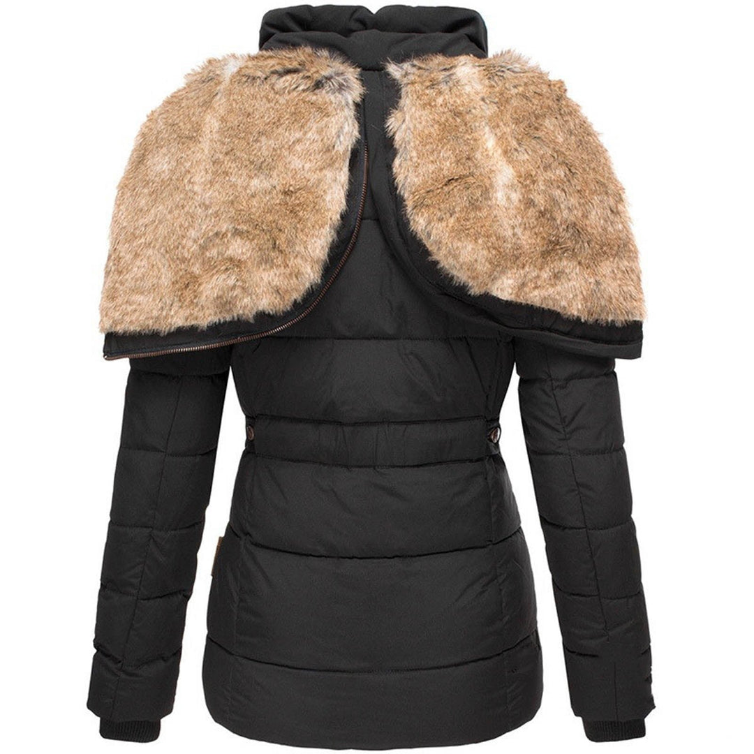 Elegant women's hooded winter parka with a fashionable fur trim, designed to keep you warm & stylish.