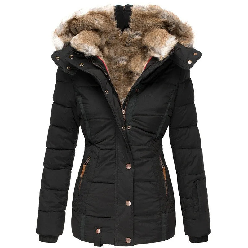 Durable women's outerwear parka, featuring a warm hood and chic fur trim, ideal for harsh winter conditions.