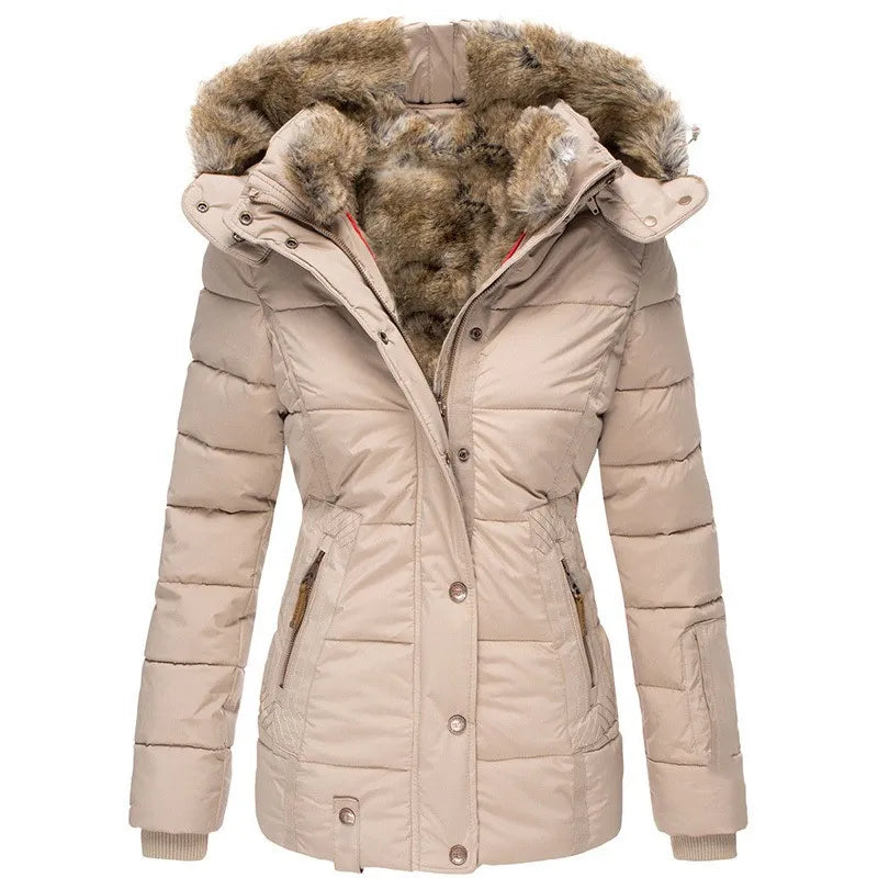 Chic women's winter parka jacket, featuring a protective hood and luxurious fur trim, ideal for cold outdoor activities.