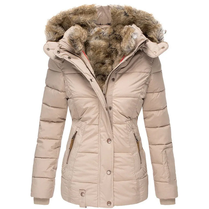 Chic women's winter parka jacket, featuring a protective hood and luxurious fur trim, ideal for cold outdoor activities.