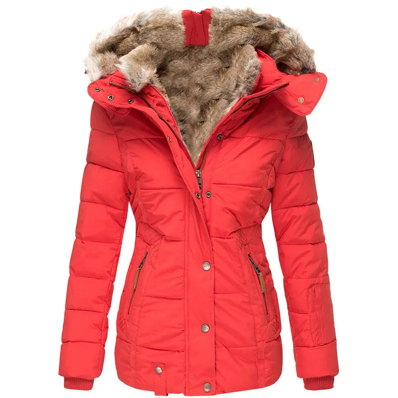 Women's insulated winter parka with a warm hood and stylish fur trim, providing ultimate protection.