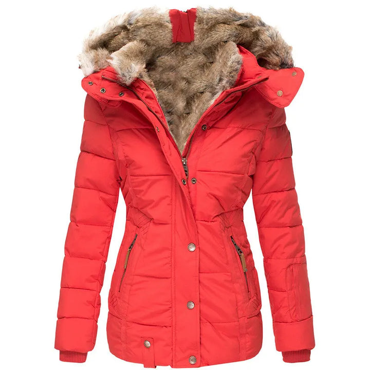 Women's insulated winter parka with a warm hood and stylish fur trim, providing ultimate protection.