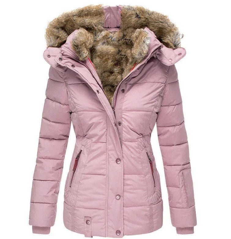 Fashionable women's winter parka, warm & cozy, with a stylish hooded design and elegant fur trim.