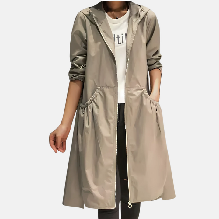 Women's water-resistant hooded knee-length jacket, ideal for spring outerwear
