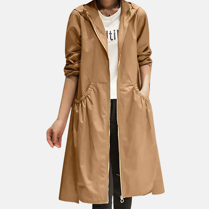 Stylish women's knee-length rain jacket with hood, perfect for autumn casual wear