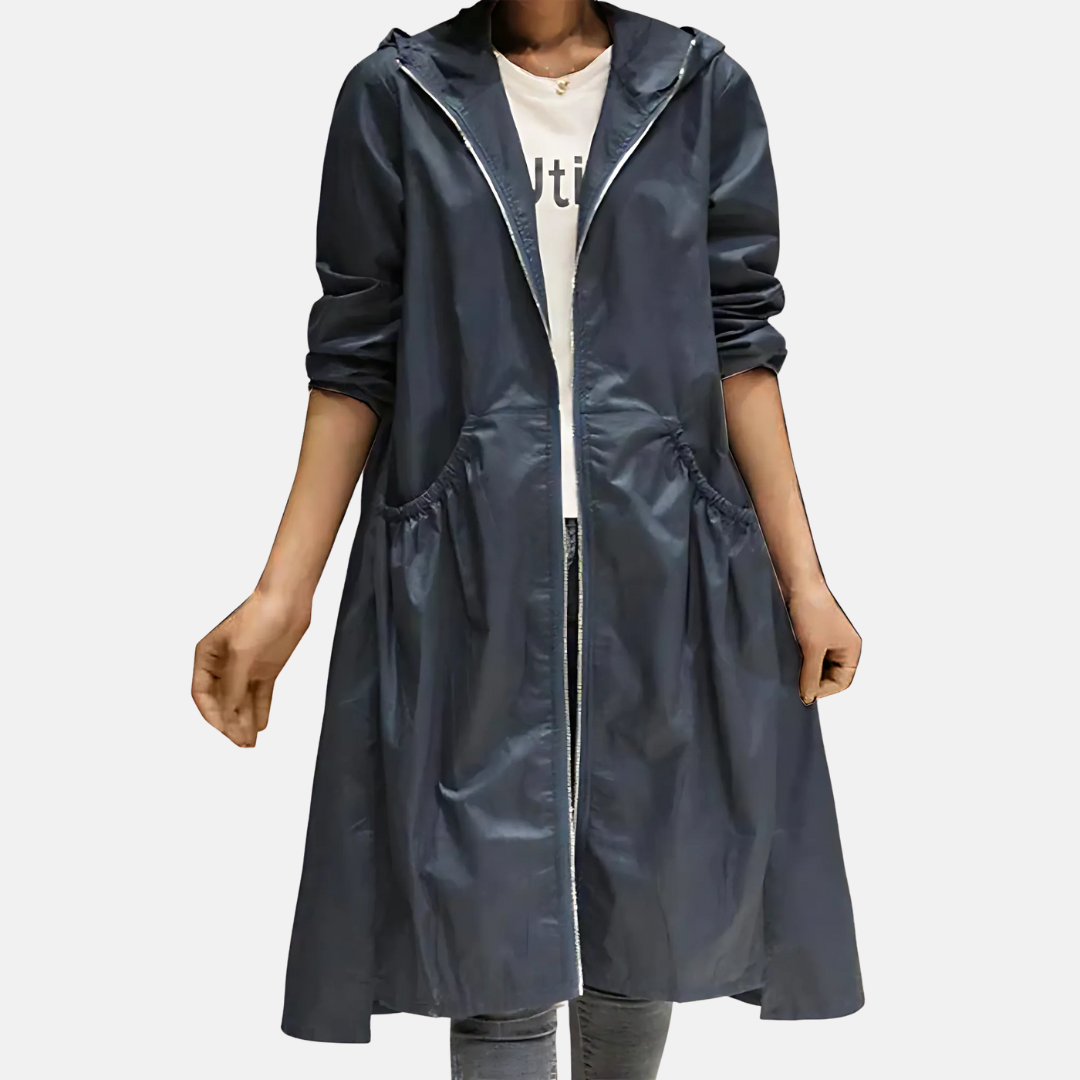 Autumn essential: women's water-resistant hooded coat, knee-length for chic comfort