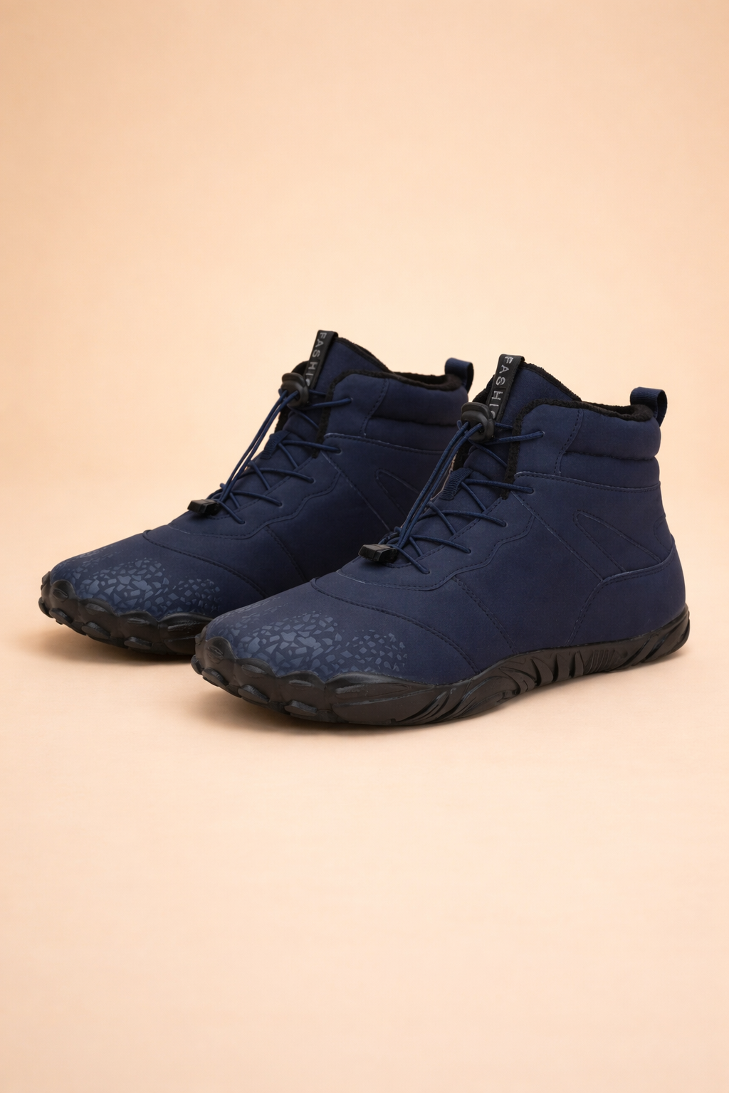 Navy women's waterproof barefoot winter boots, minimalist design for natural outdoor movement and style.