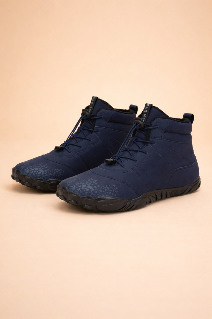 Navy women's waterproof barefoot winter boots, minimalist design for natural outdoor movement and style.