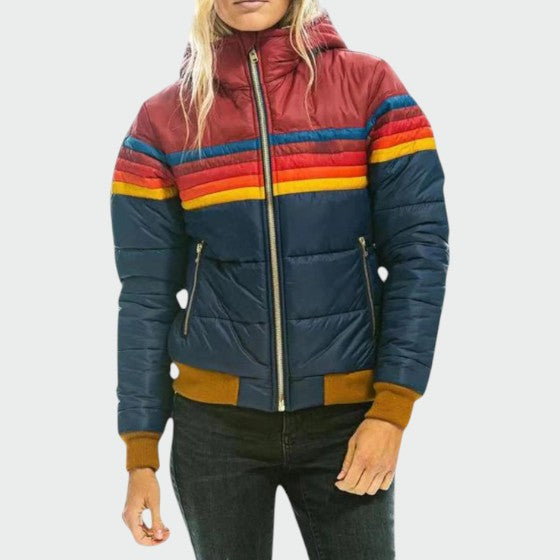 Women's waterproof color block puffer jacket with hood, front view