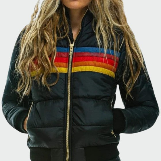 Warm women's winter coat, a color block waterproof puffer jacket with a cozy hood