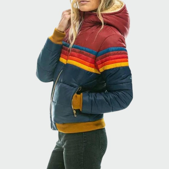 Women's insulated color block winter coat, back view with hood