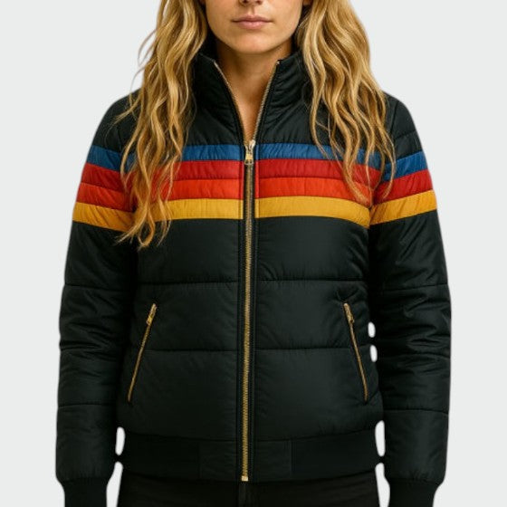 Durable women's winter outerwear: waterproof, insulated, hooded puffer jacket in a color block pattern