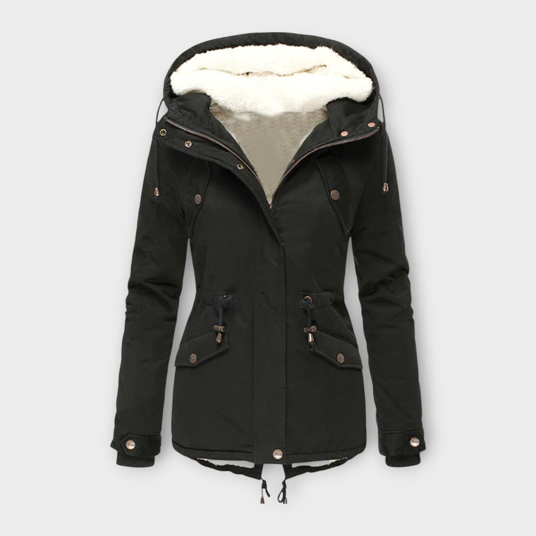 Women's waterproof winter jacket, fleece lined, with hood, for cold weather