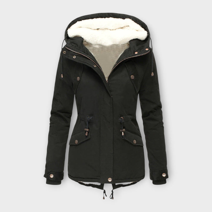 Women's waterproof winter jacket, fleece lined, with hood, for cold weather