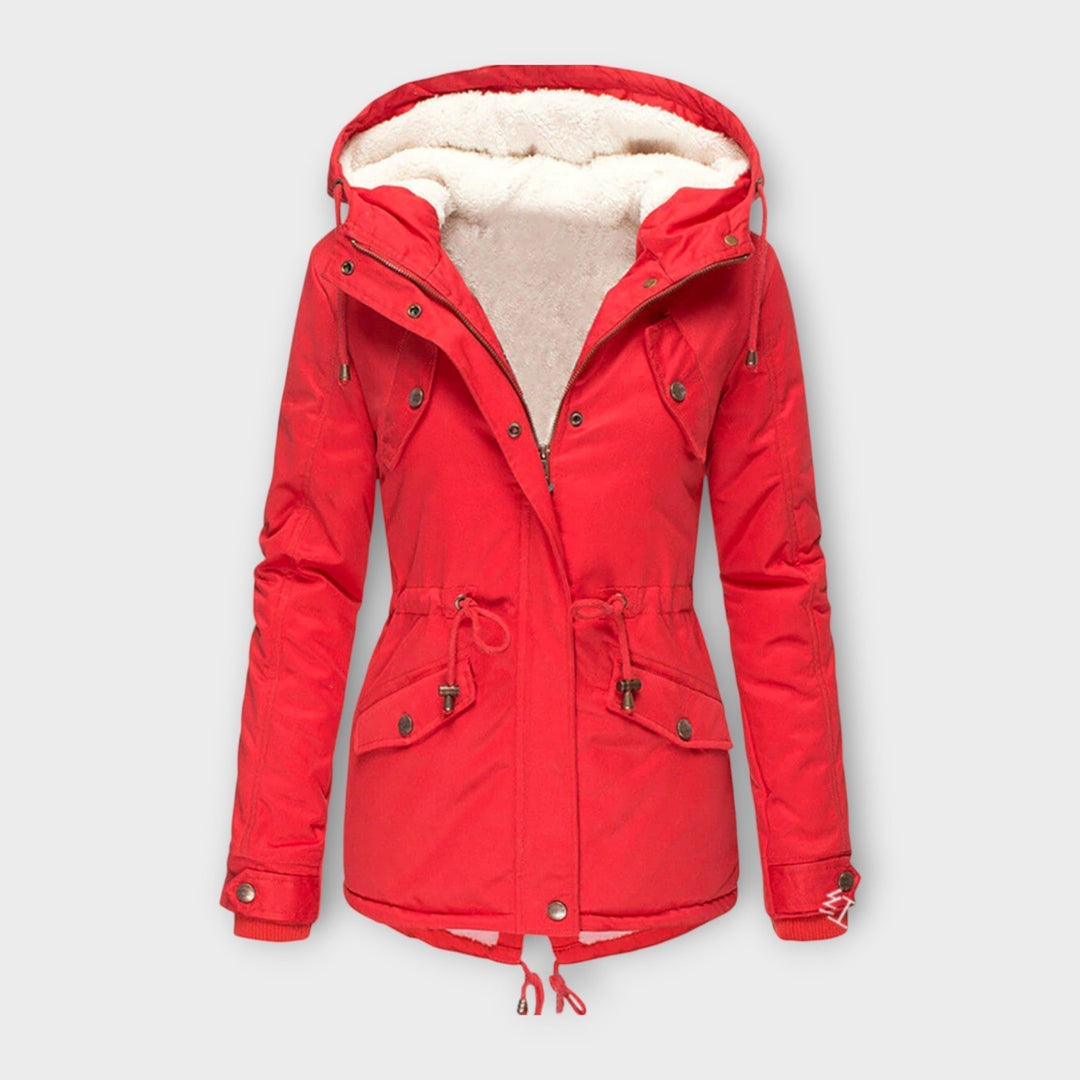 Red women's waterproof winter jacket with fleece lining and adjustable hood