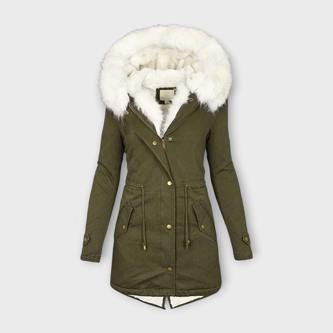 Women's waterproof winter jacket with faux fur lining, a warm hooded puffer coat in black.