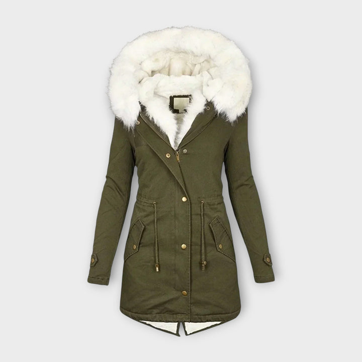 Women's waterproof winter jacket with faux fur lining, a warm hooded puffer coat in black.