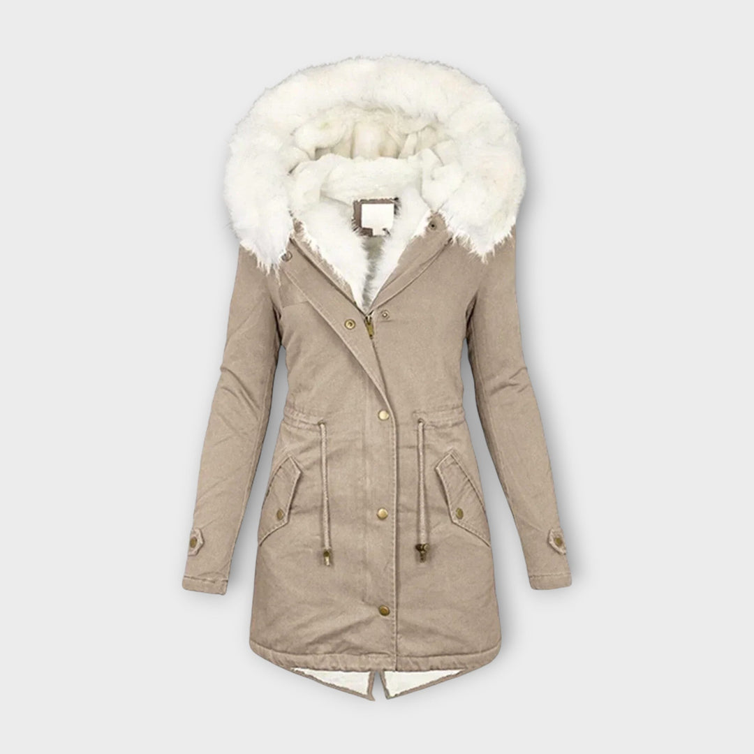 Stylish women's winter coat, waterproof and faux fur-lined, a warm puffer jacket outerwear.