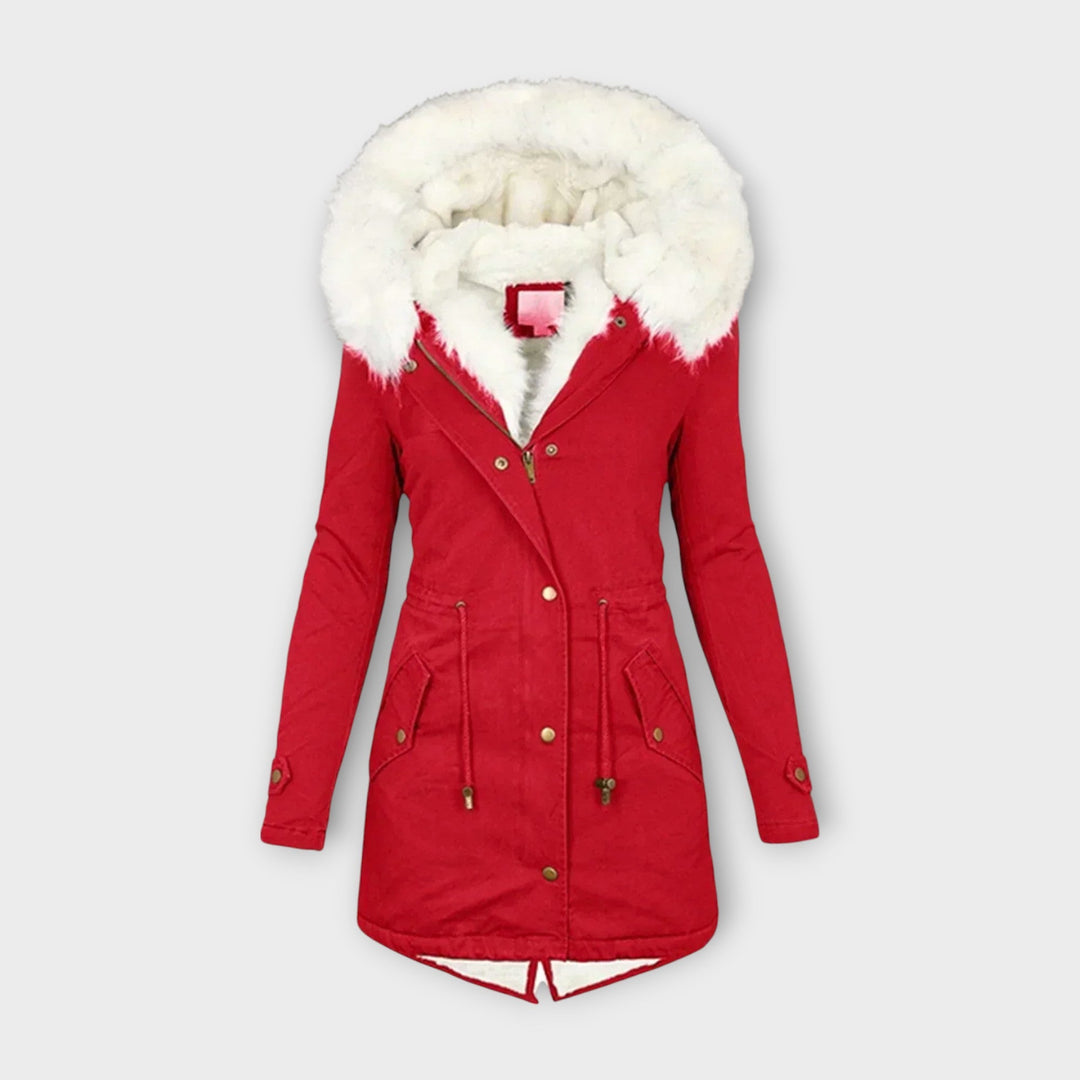 Front view of women's warm waterproof winter jacket with luxurious faux fur trim, hooded style.
