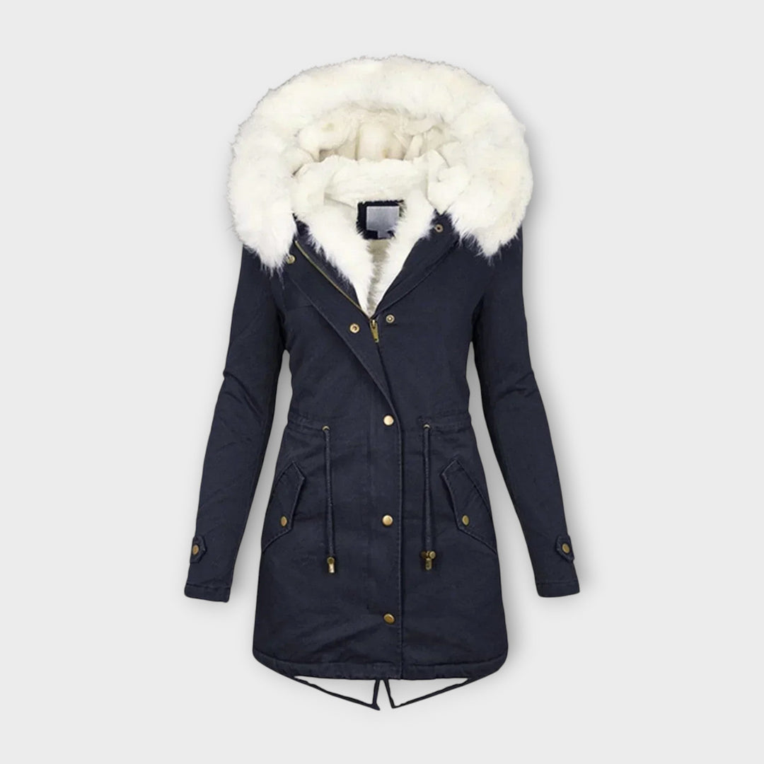 Full-length women's waterproof winter jacket, faux fur-lined for warmth, a stylish hooded parka.