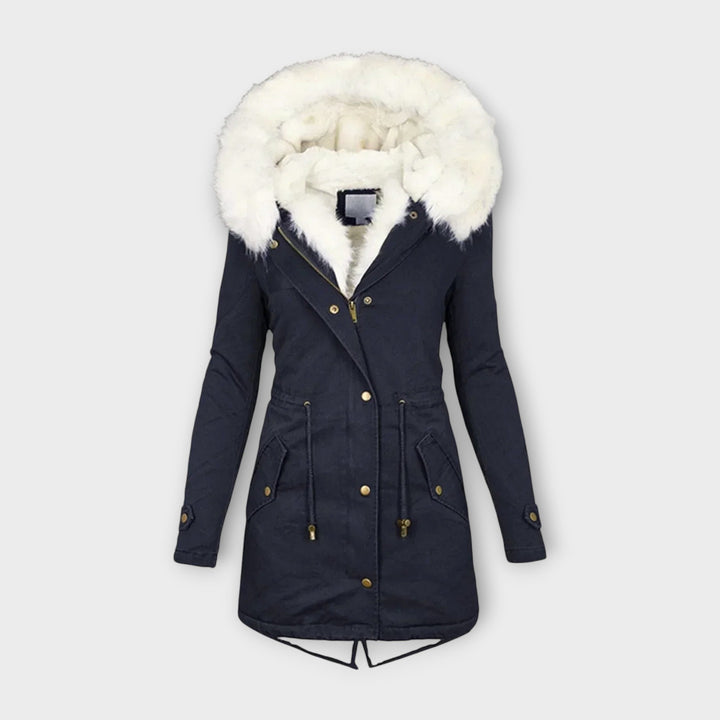 Full-length women's waterproof winter jacket, faux fur-lined for warmth, a stylish hooded parka.