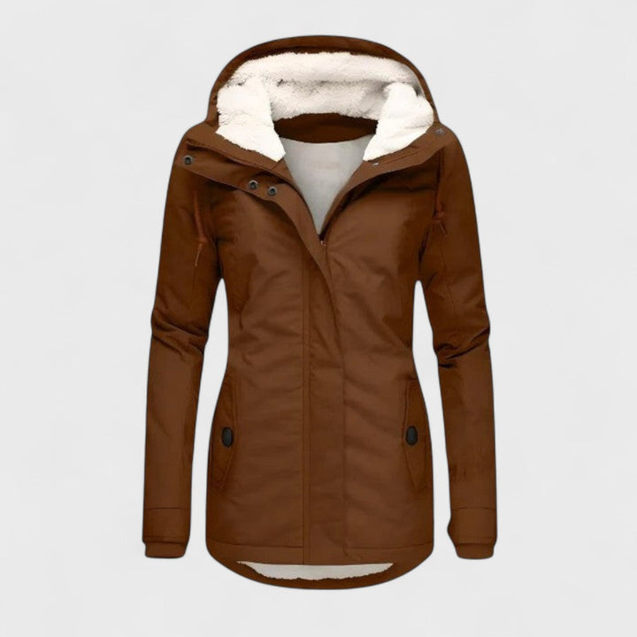 Warm women's outerwear: waterproof winter parka with insulated lining & decorative hood.