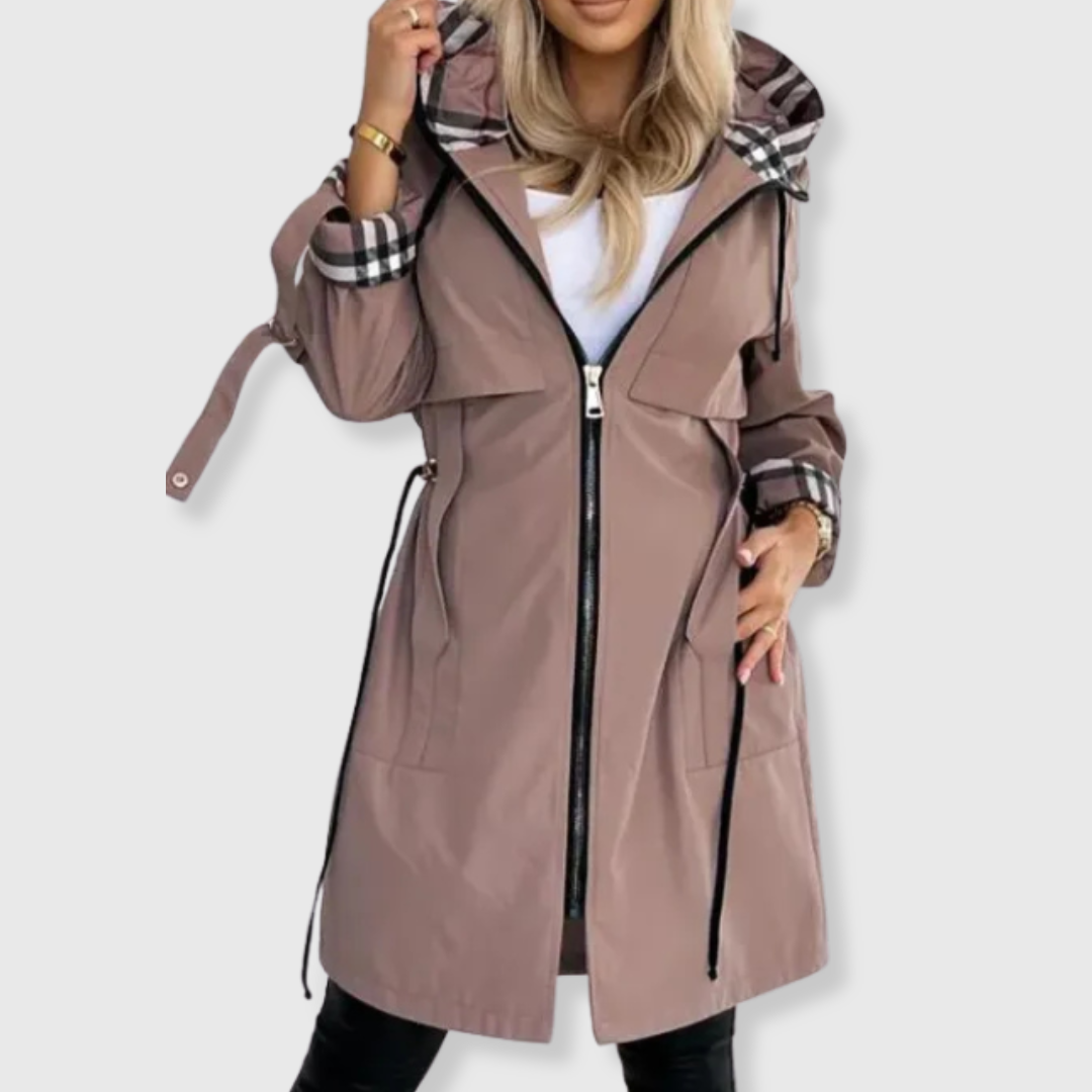 Women's waterproof zip-up rain jacket, stylish and wind-resistant for fall fashion
