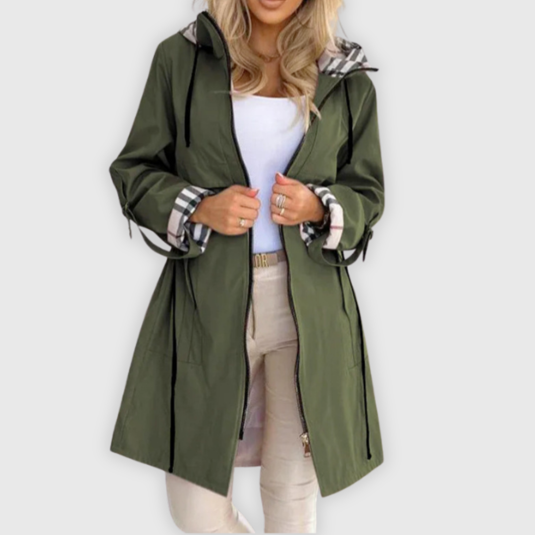 Stylish women's black waterproof jacket, ideal for wind and rain, front view