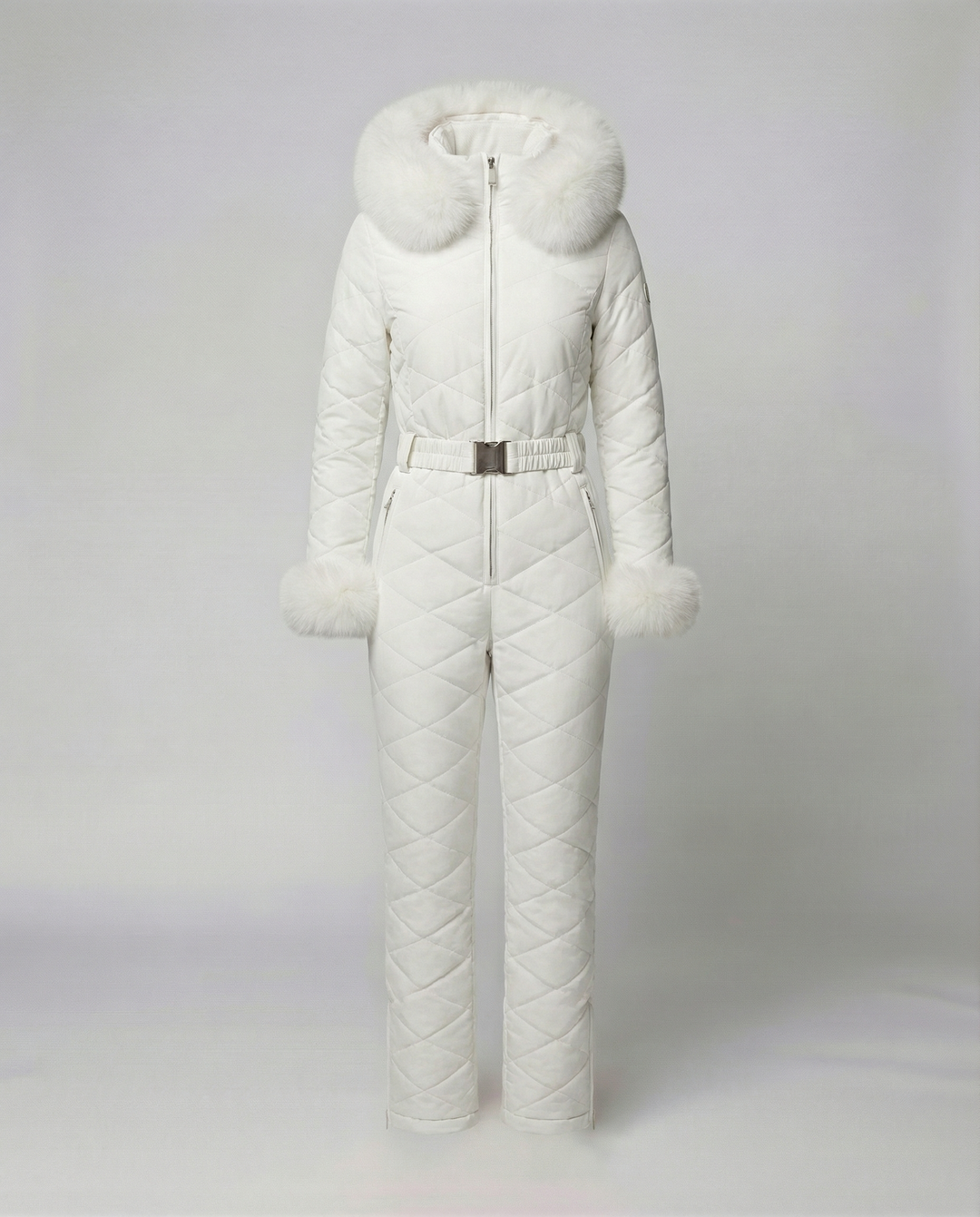 Weather-resistant women's snowboard overall suit, featuring a warm hood and adjustable cuffs for winter comfort.