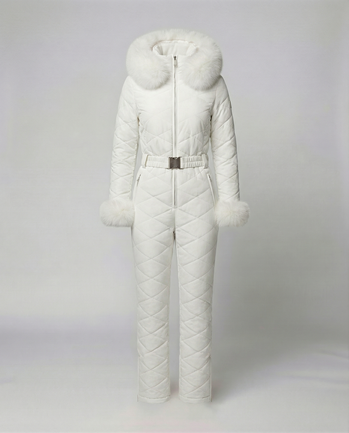 Weather-resistant women's snowboard overall suit, featuring a warm hood and adjustable cuffs for winter comfort.