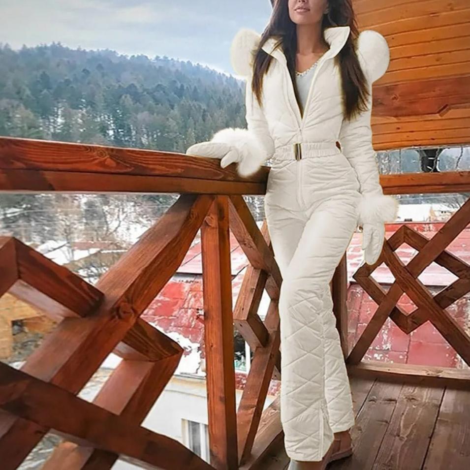 Fashionable women's weather-resistant snowboard overall suit. A complete winter outfit for skiing & cold weather.