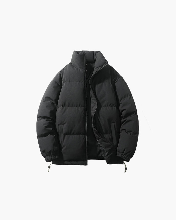 Women's weatherproof stand collar puffer jacket in black, ideal for cold weather outfit.