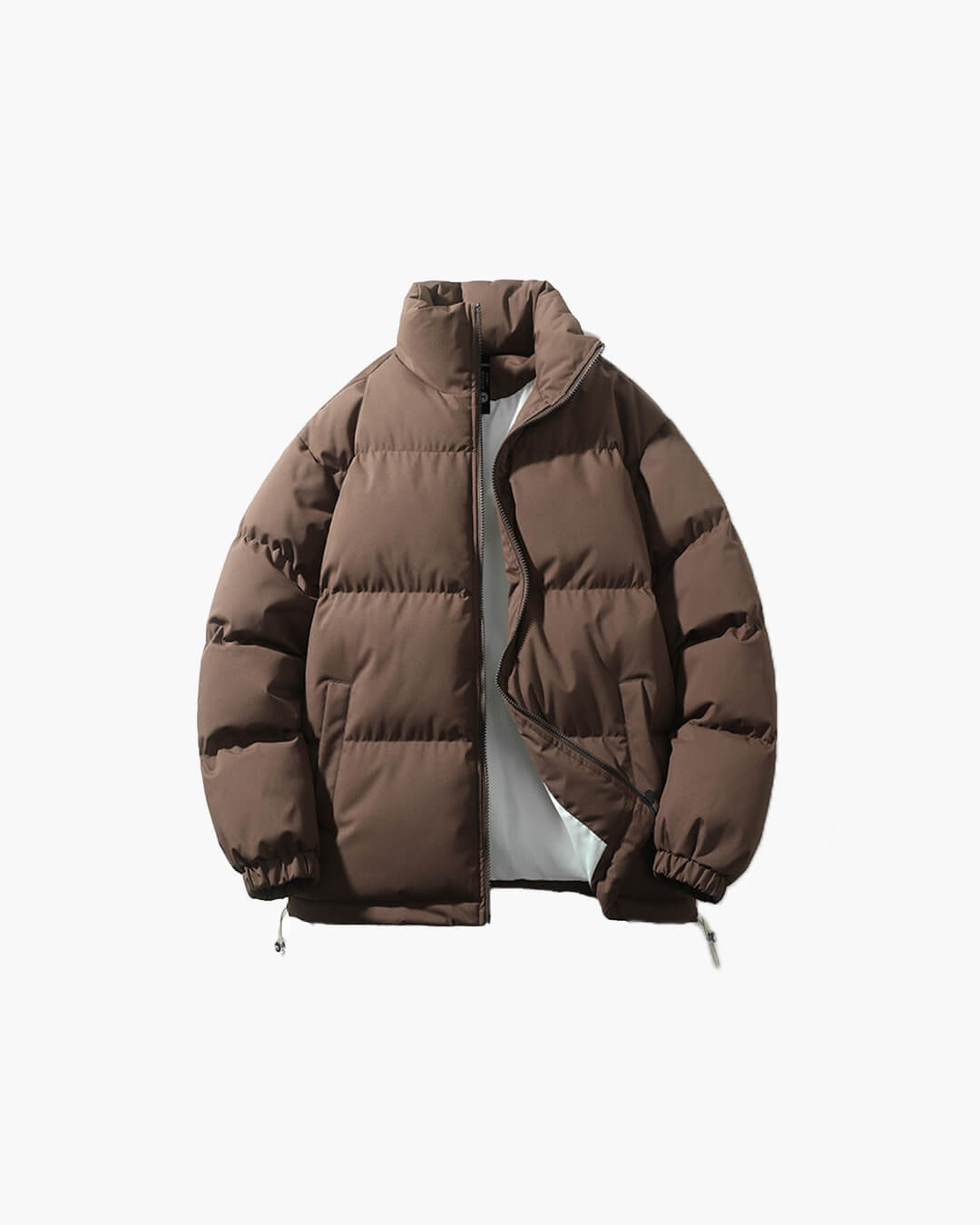 Stylish women's puffer jacket with stand collar, perfect for winter outdoor activities.