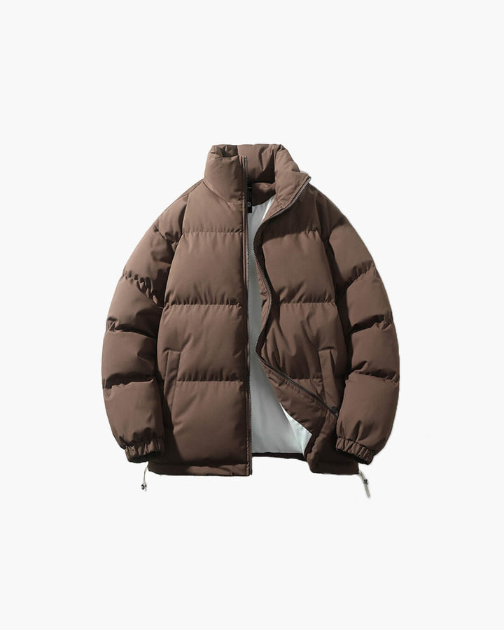 Stylish women's puffer jacket with stand collar, perfect for winter outdoor activities.