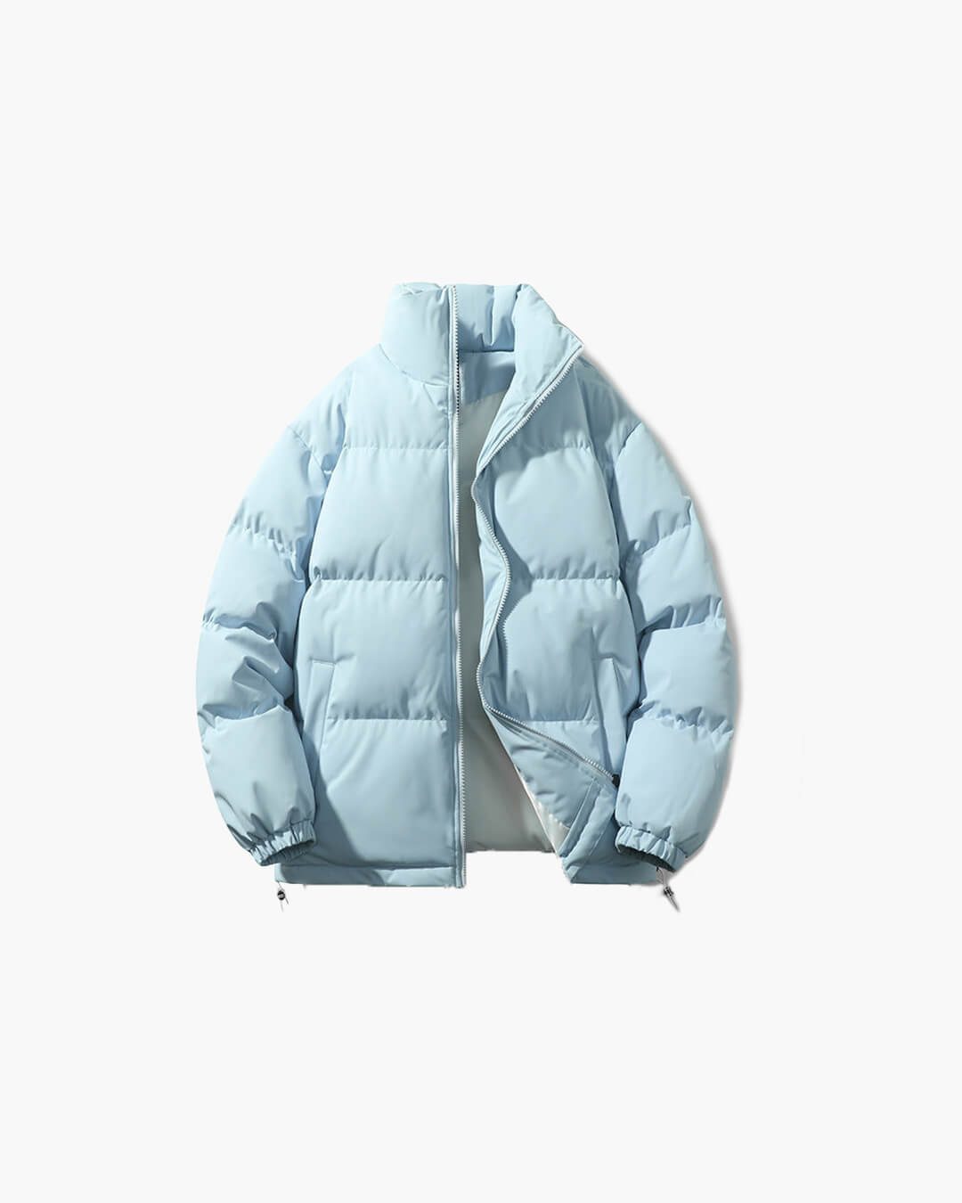 Black women's puffer jacket featuring a stand collar, great for cold weather fashion.