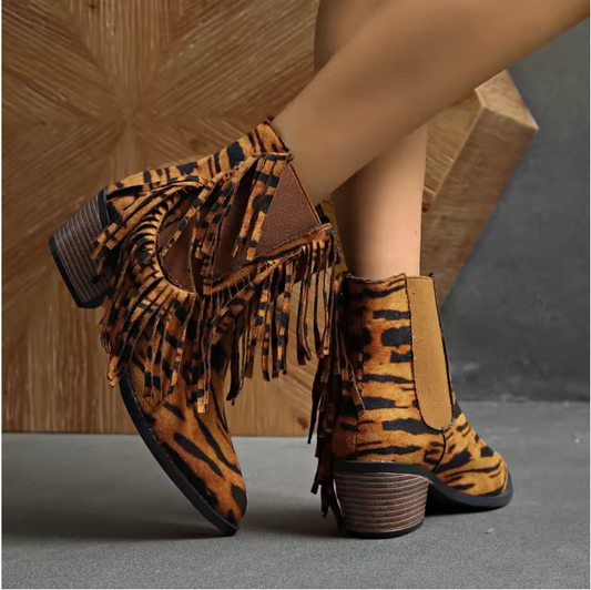 Women's Western fringe suede ankle boots with block heel in 'Tan' color, boho chic style.